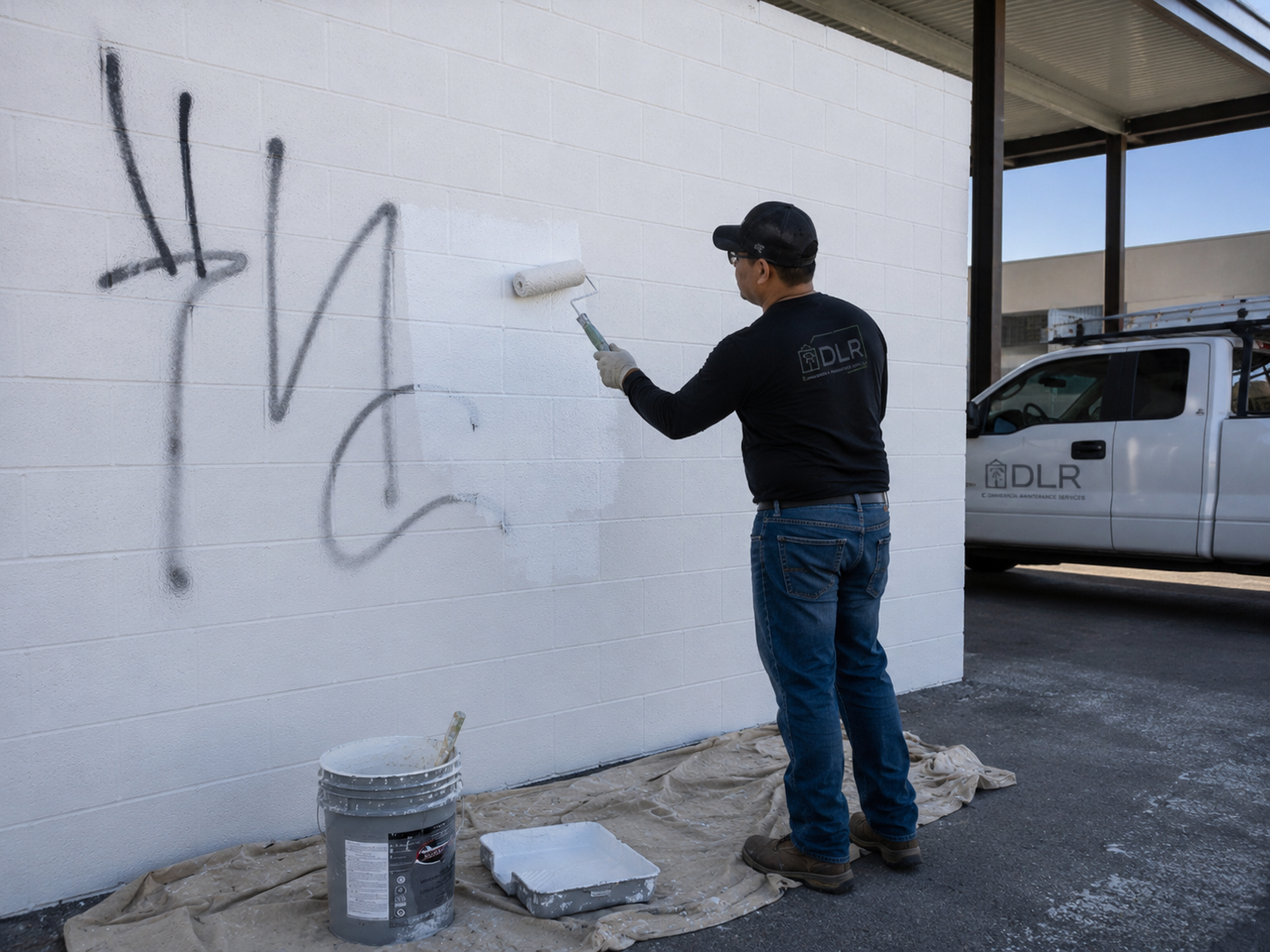 Graffiti paint-over service at a commercial property by DLR Commercial Maintenance Services